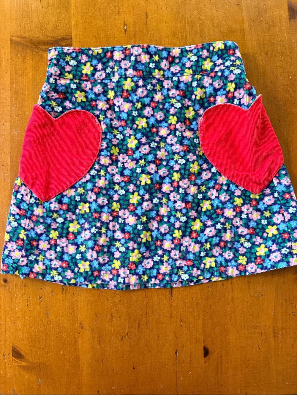 Mini Boden Navy Floral Corduroy Skirt with Red Heart Pockets